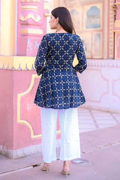 Navy Blue Motif Print Wrap Around Tunic