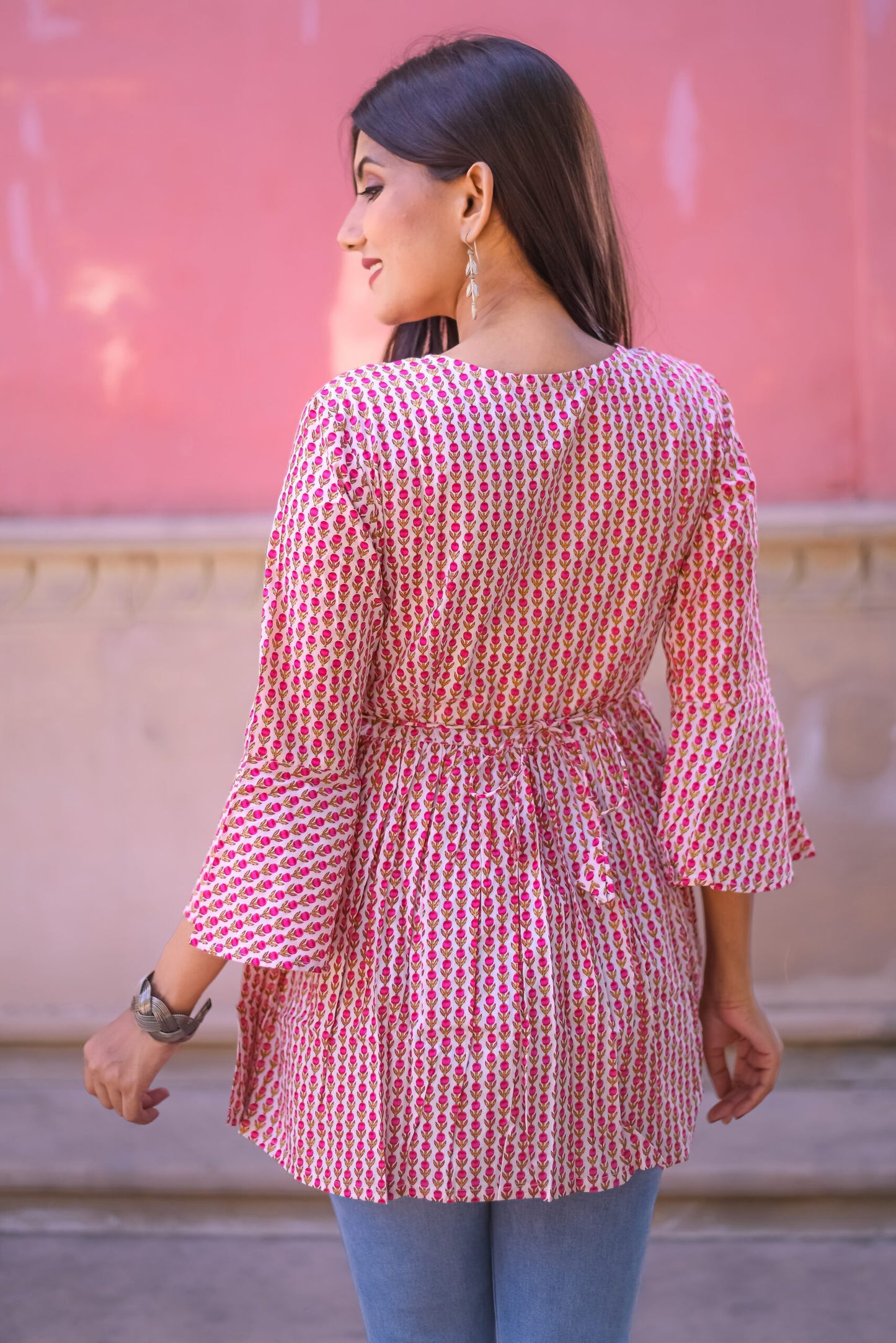 Off White and Pink Floral Print Tunic