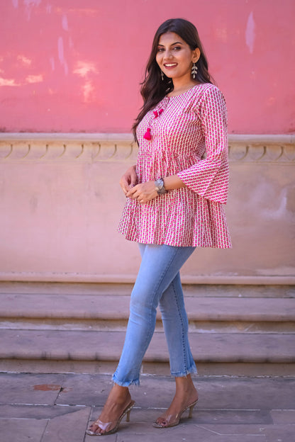 Off White and Pink Floral Print Tunic