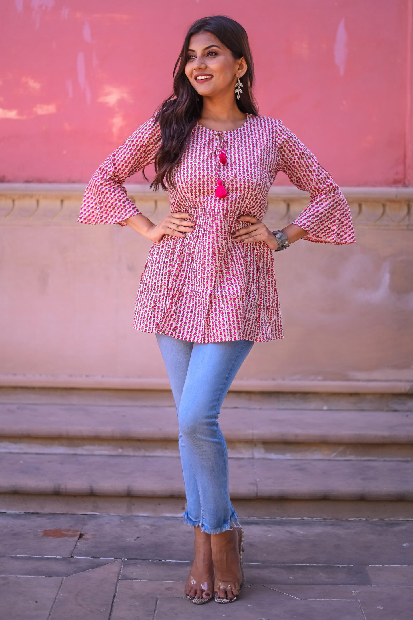 Off White and Pink Floral Print Tunic