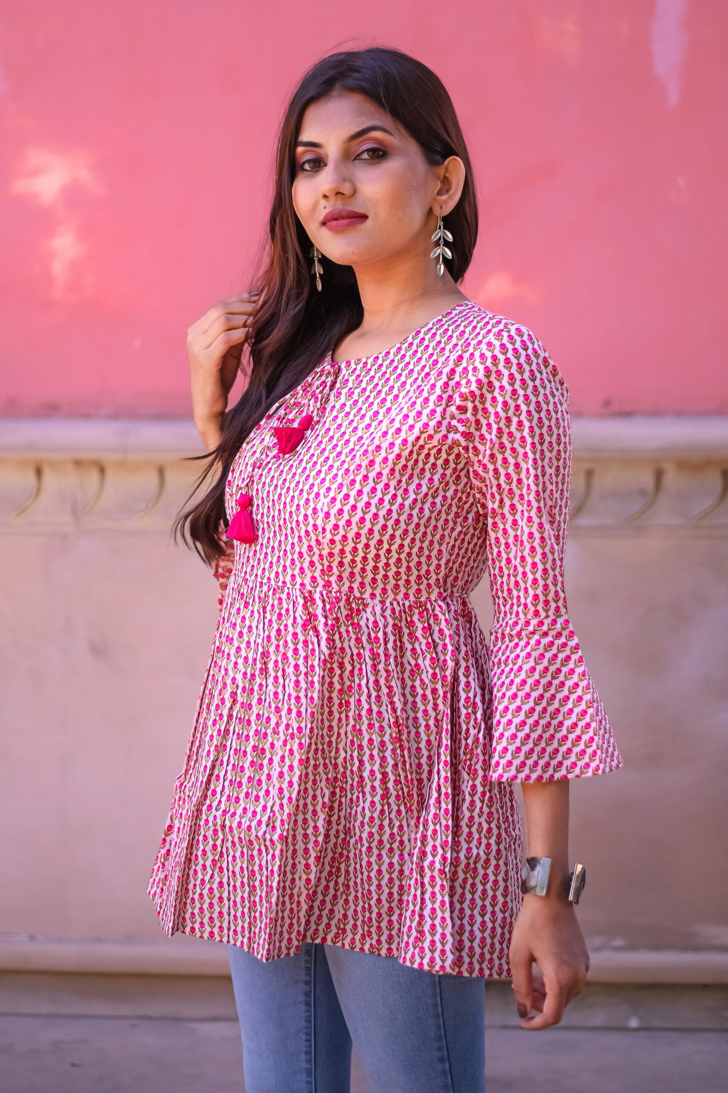 Off White and Pink Floral Print Tunic