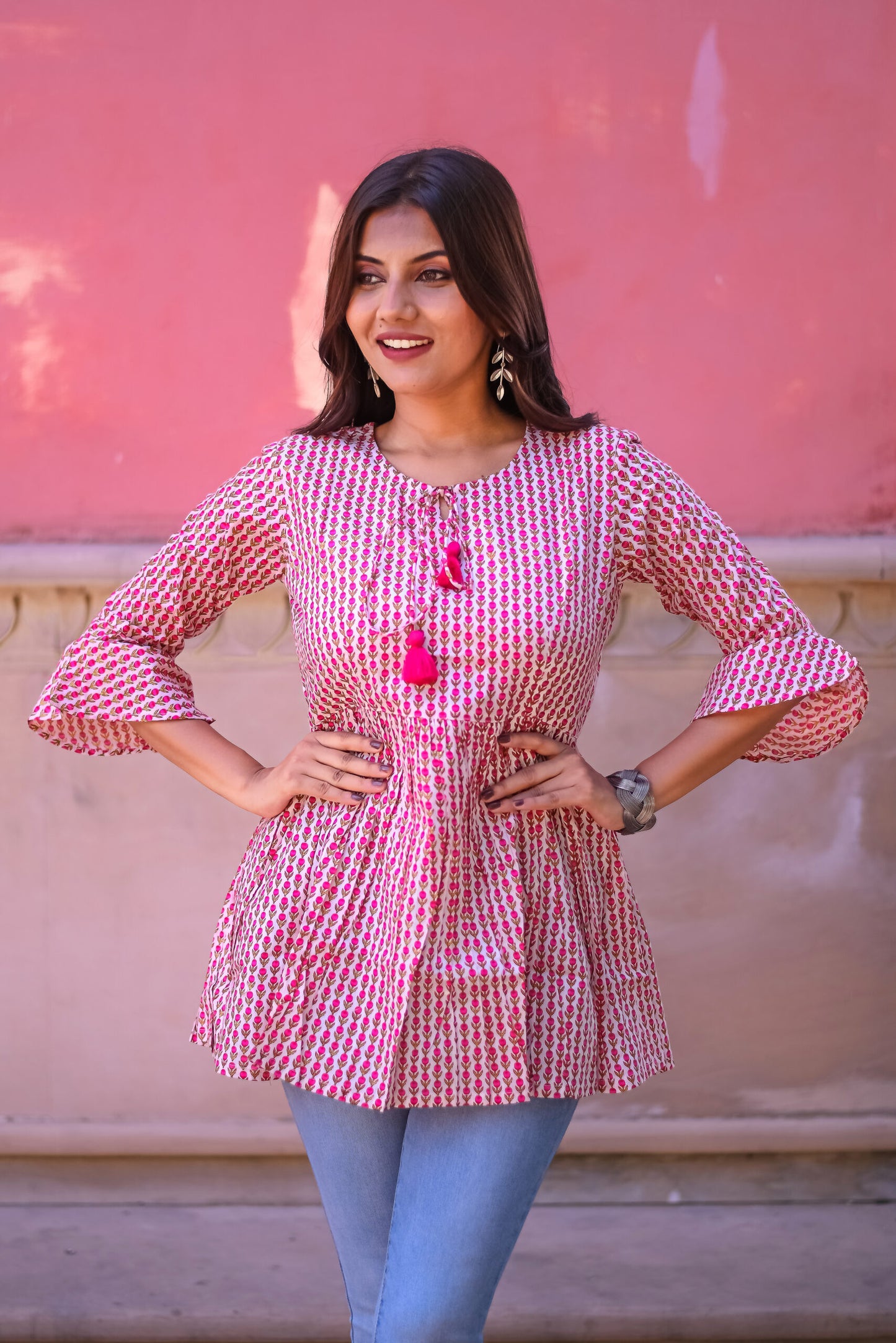 Off White and Pink Floral Print Tunic