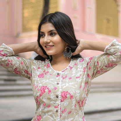 Pastel Beige Floral Printed A-Line Kurta with Pocket