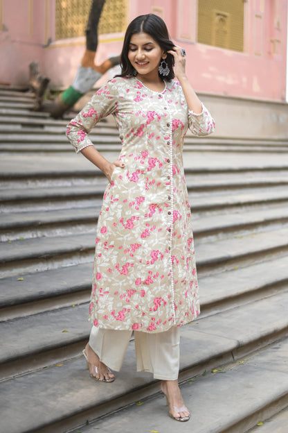 Pastel Beige Floral Printed A-Line Kurta with Pocket