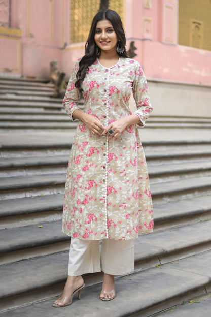 Pastel Beige Floral Printed A-Line Kurta with Pocket