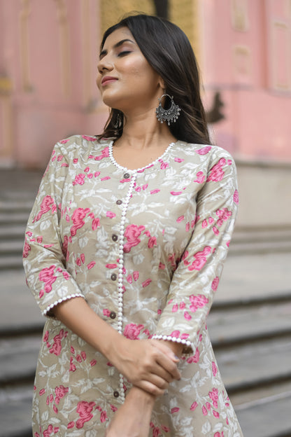 Pastel Beige Floral Printed A-Line Kurta with Pocket