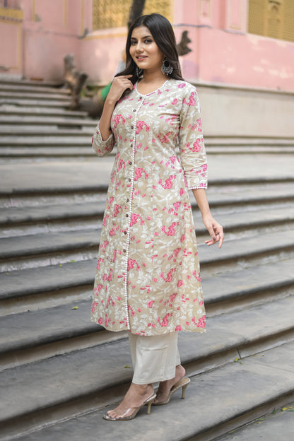 Pastel Beige Floral Printed A-Line Kurta with Pocket