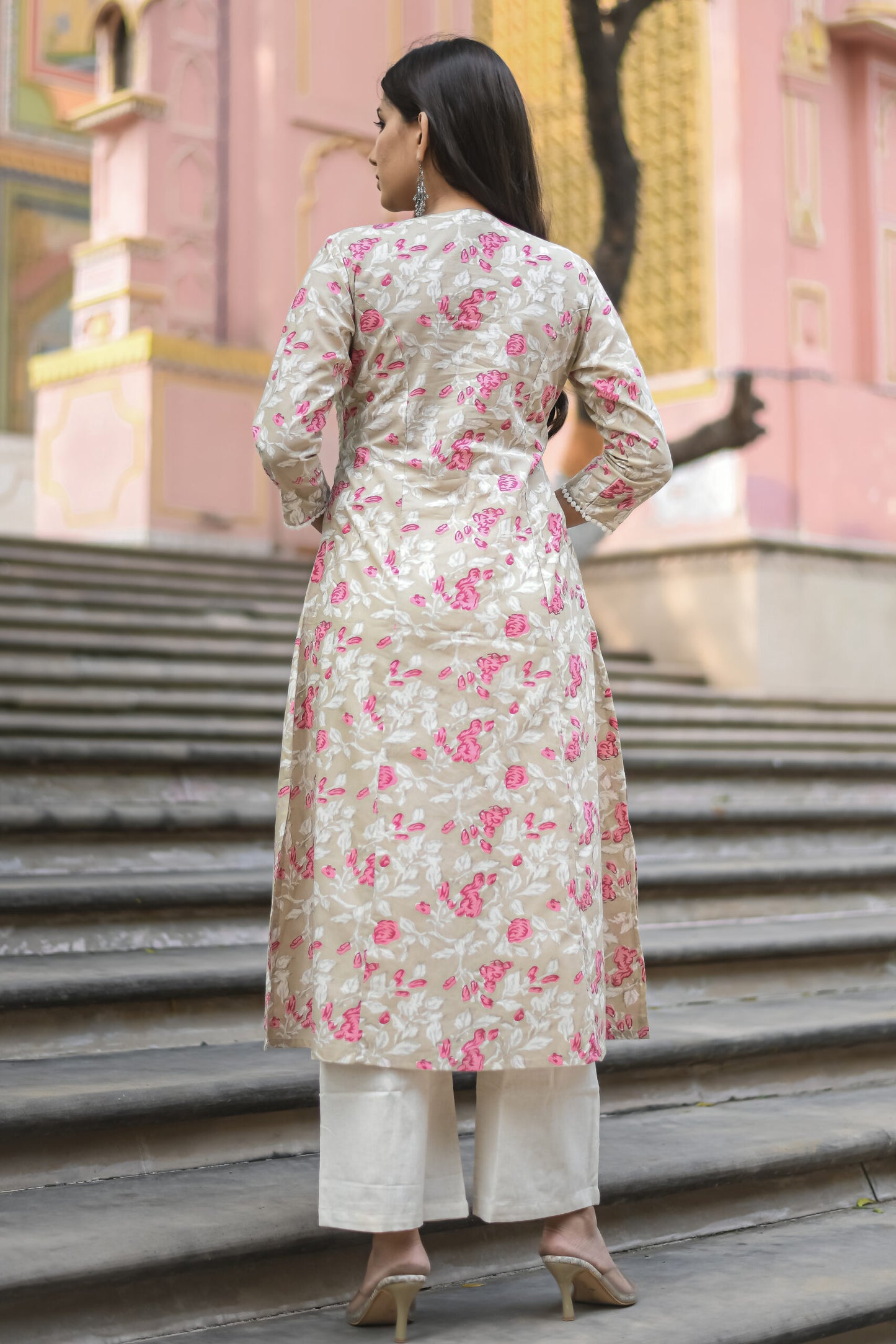 Pastel Beige Floral Printed A-Line Kurta with Pocket