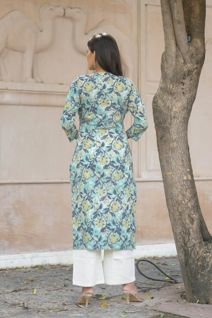 Pastel Green Floral Printed Straight Kurta with Pocket