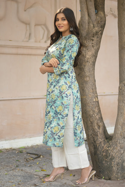 Pastel Green Floral Printed Straight Kurta with Pocket