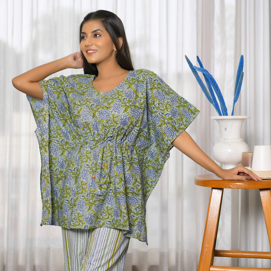 Pastel Green & Grey Floral printed Kaftan Set