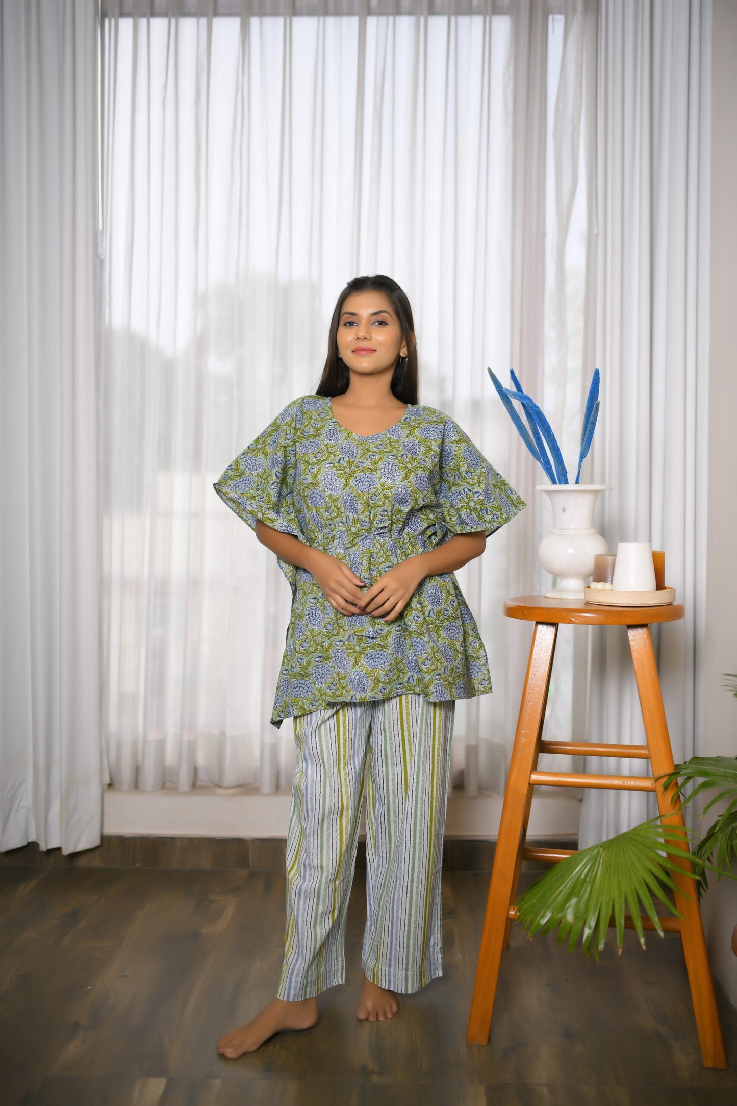 Pastel Green & Grey Floral printed Kaftan Set