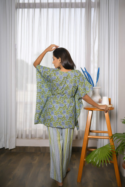 Pastel Green & Grey Floral printed Kaftan Set