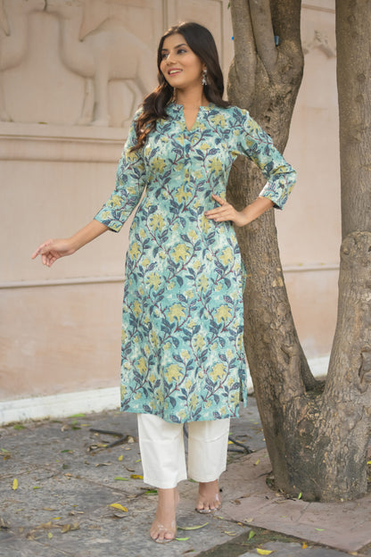 Pastel Green Floral Printed Straight Kurta with Pocket