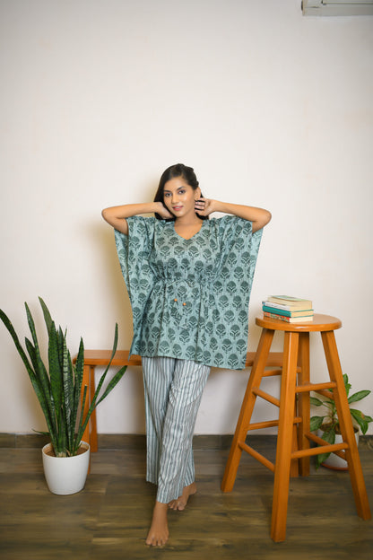 Pastel Green Motif Printed Kaftan set