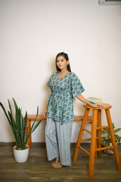 Pastel Green Motif Printed Kaftan set