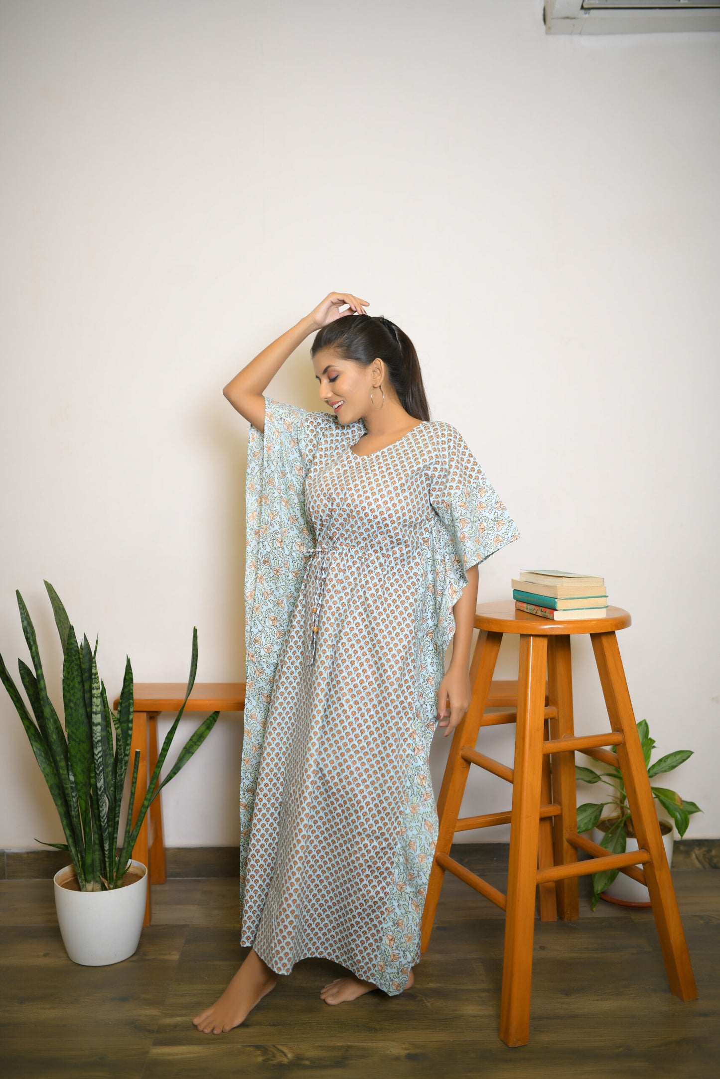 Pastel Green Motif & Vine Printed Mix & Match Long Kaftan