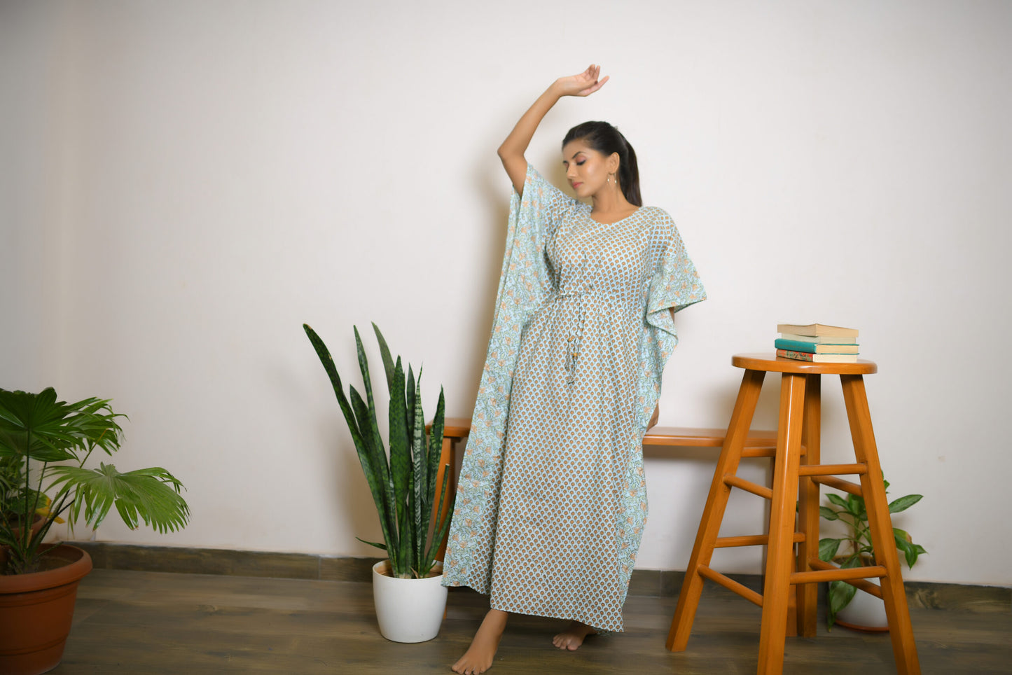 Pastel Green Motif & Vine Printed Mix & Match Long Kaftan