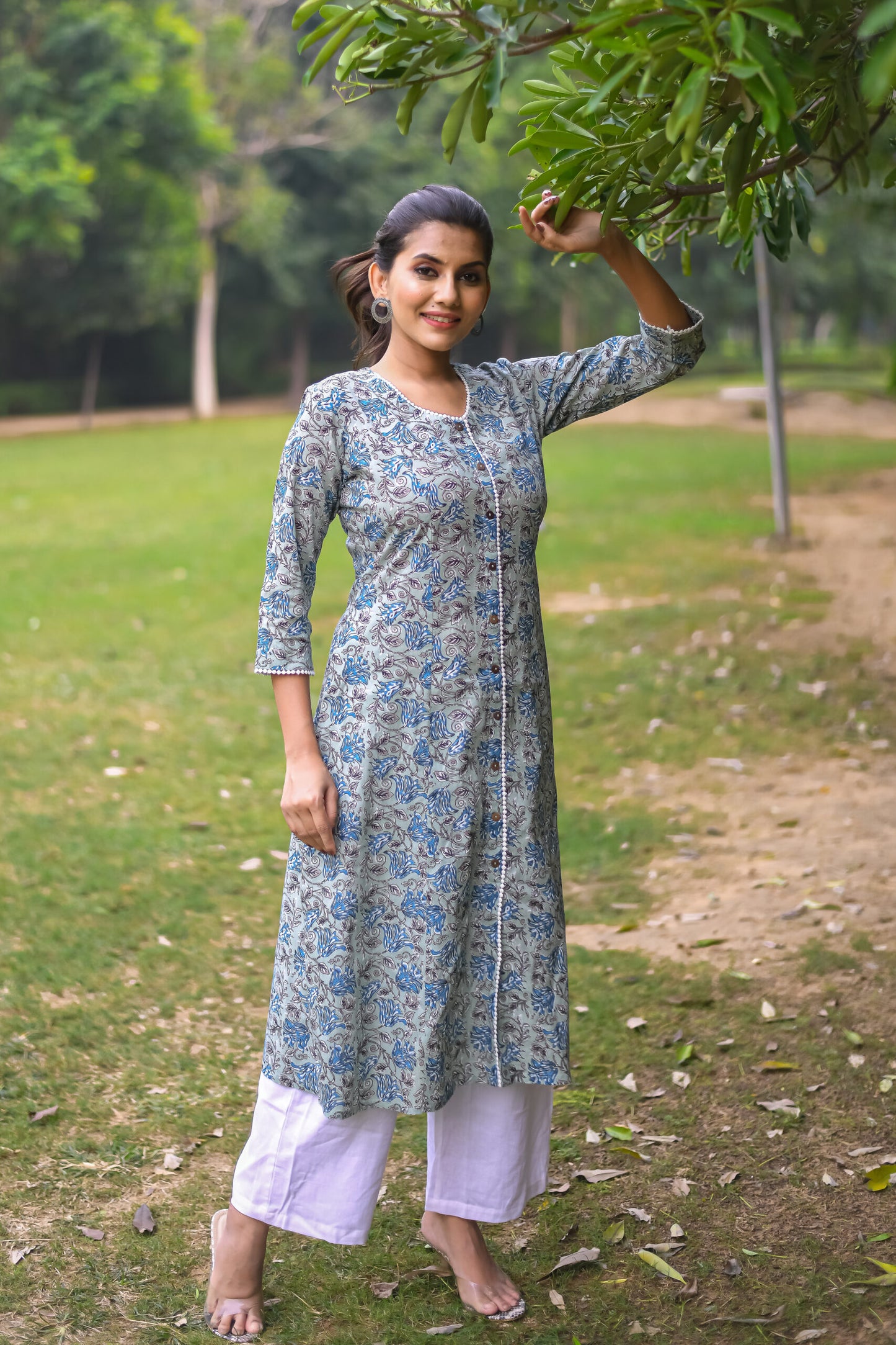 Pastel Green Vine Printed A-line Kurta with Pocket