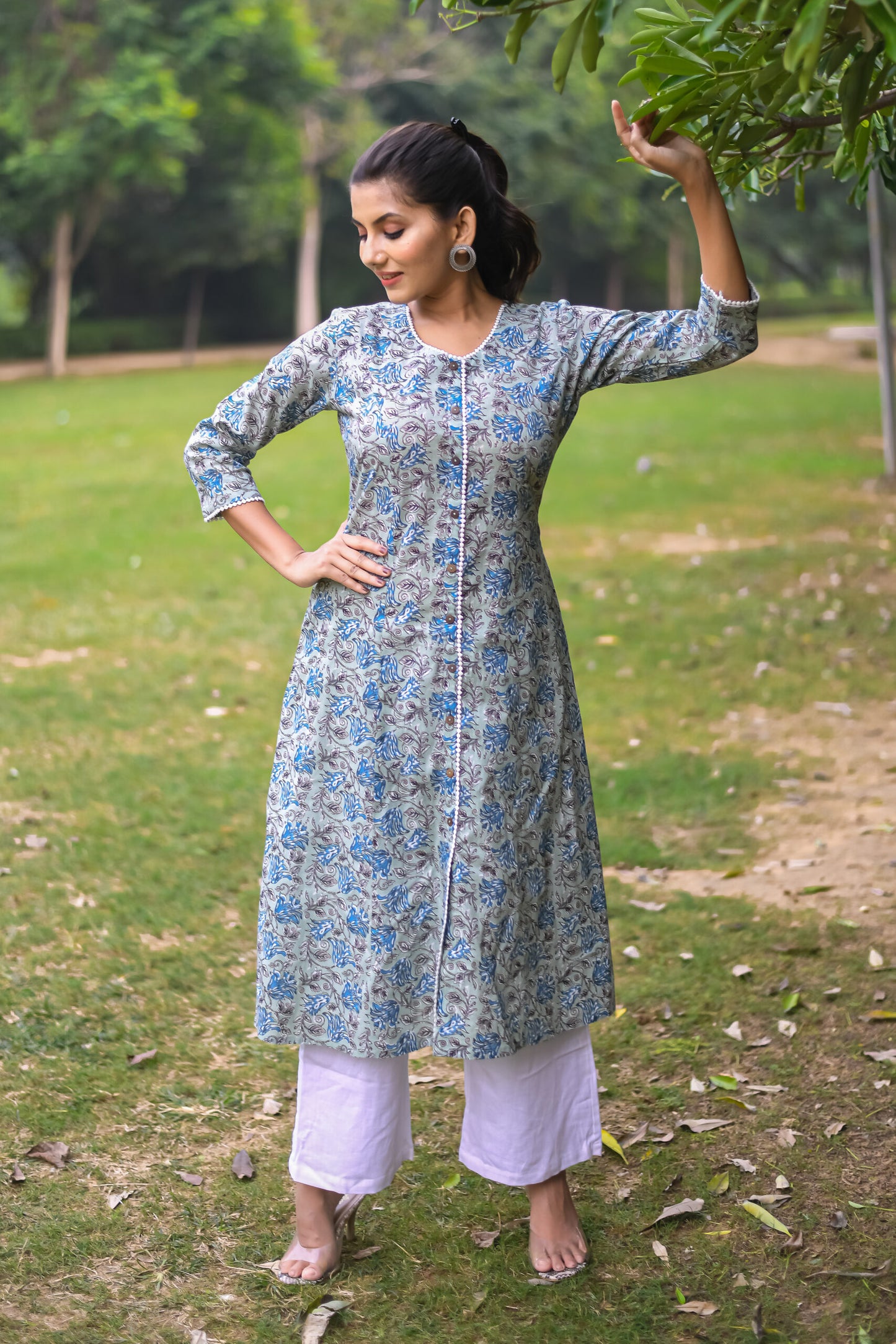 Pastel Green Vine Printed A-line Kurta with Pocket