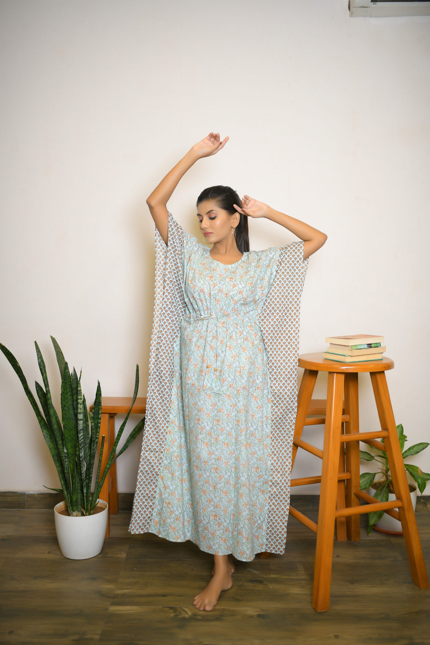 Pastel Green Vine & Motif Printed Mix & Match Long Kaftan