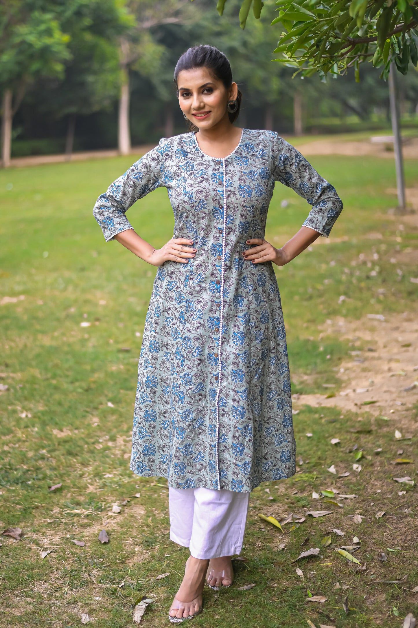 Pastel Green Vine Printed A-line Kurta with Pocket