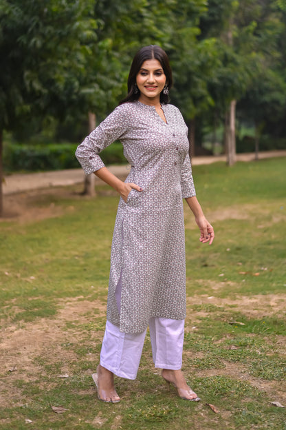 Pastel Grey Geometry Printed Straight Kurta with Pocket