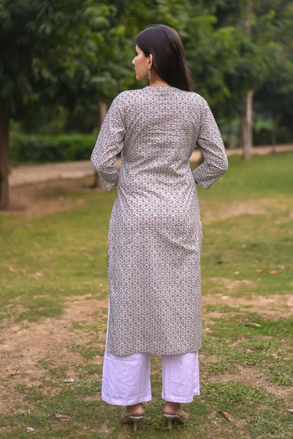 Pastel Grey Geometry Printed Straight Kurta with Pocket