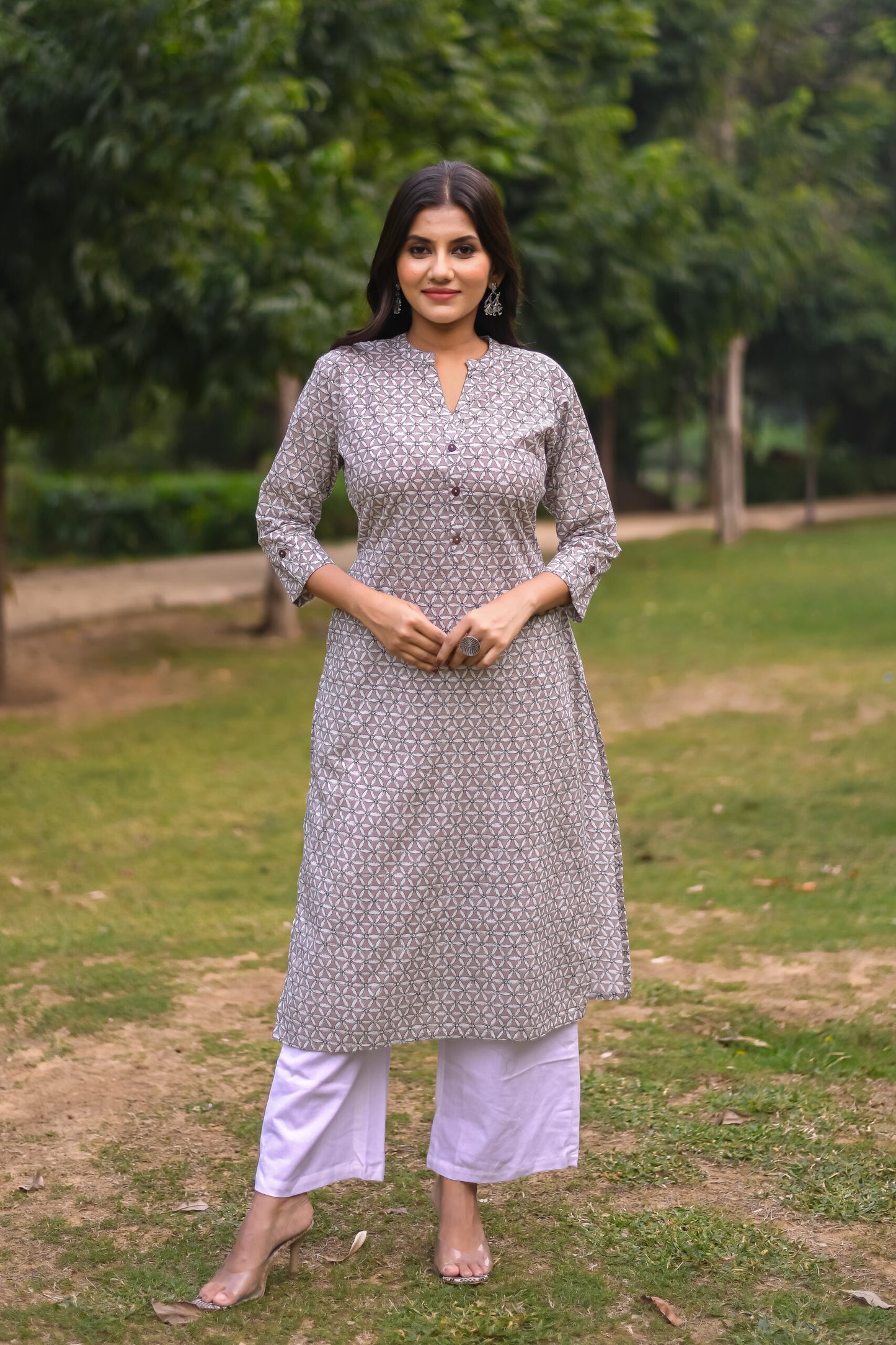 Pastel Grey Geometry Printed Straight Kurta with Pocket