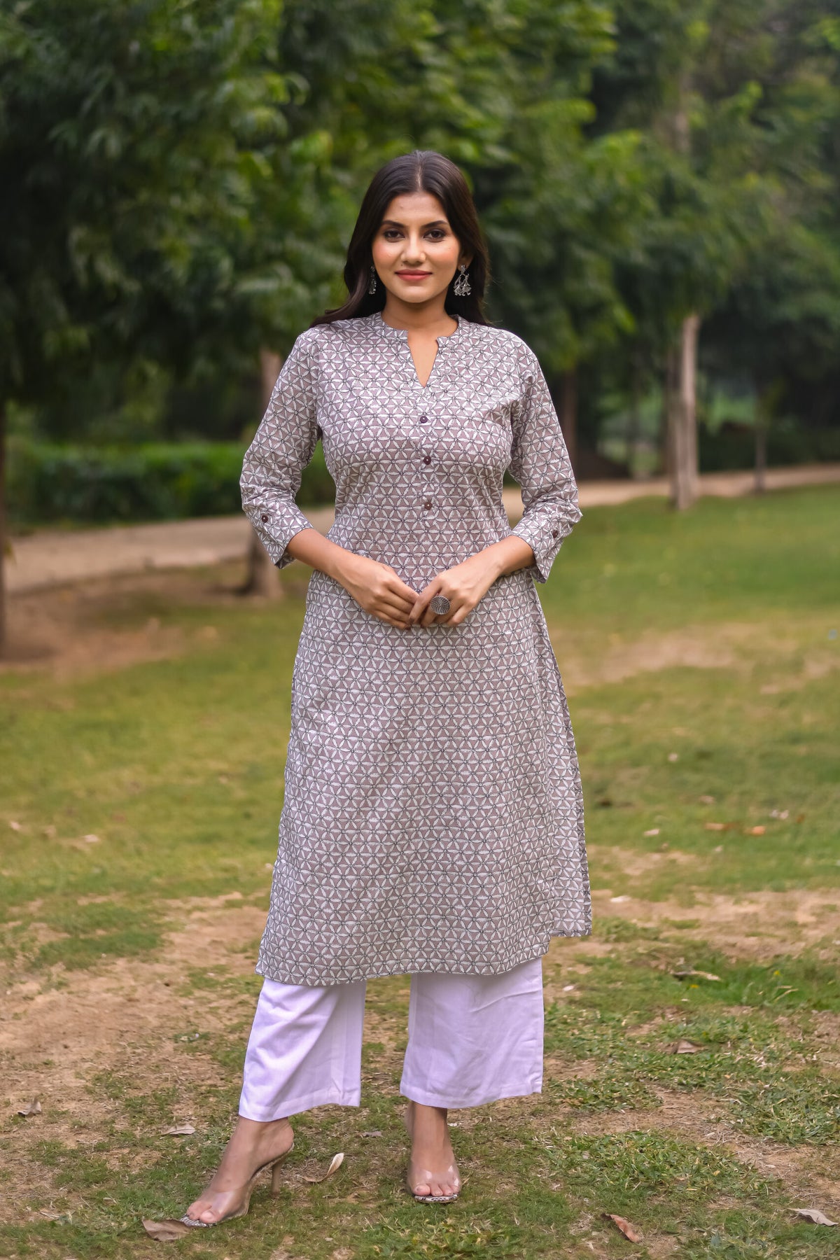 Pastel Grey Geometry Print Straight Cut kurta