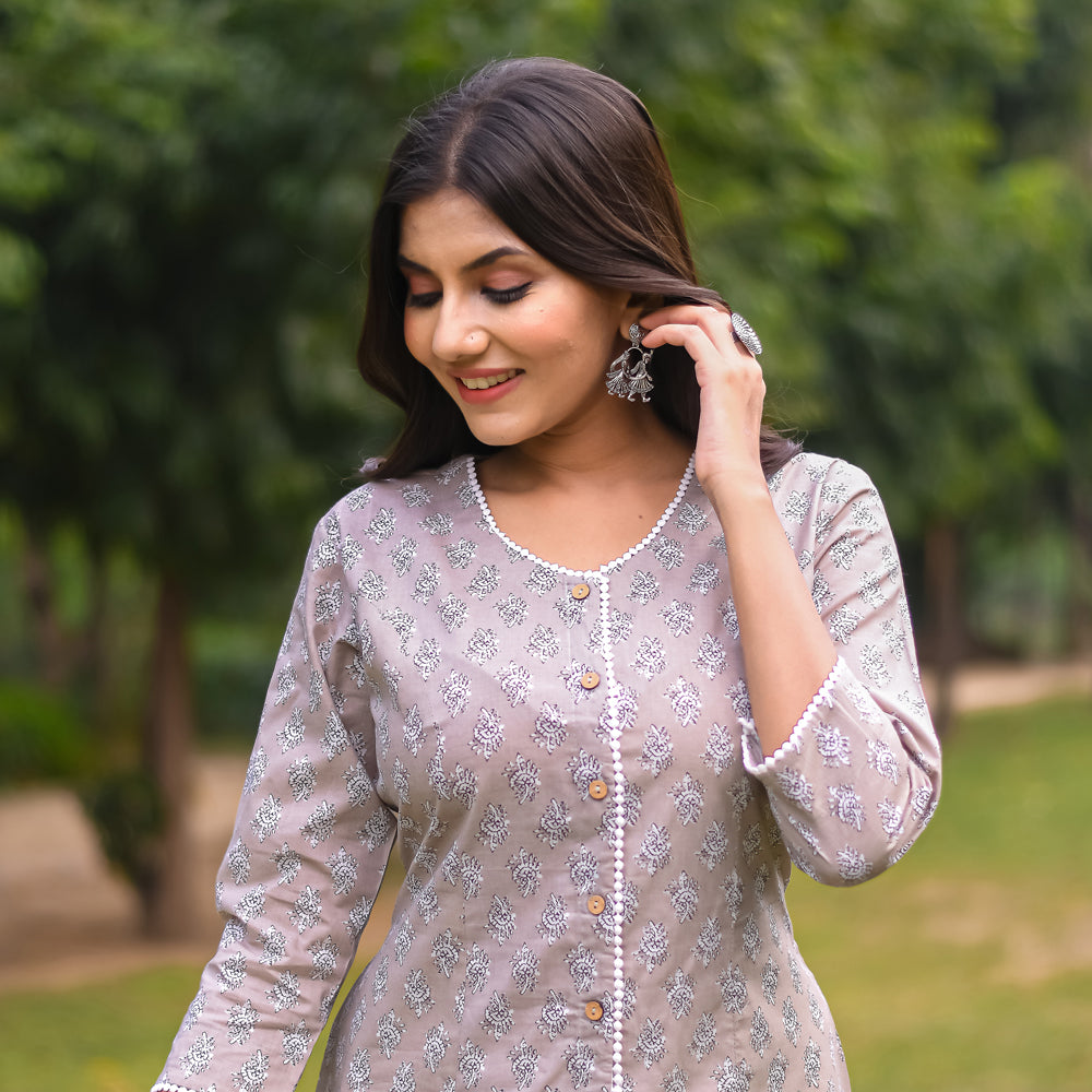 Pastel Grey Motif Printed A-Line Kurta with Pocket