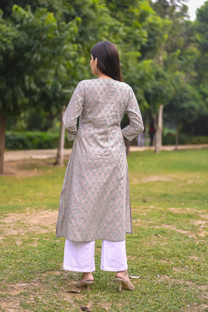 Pastel Grey Motif Printed A-Line Kurta with Pocket