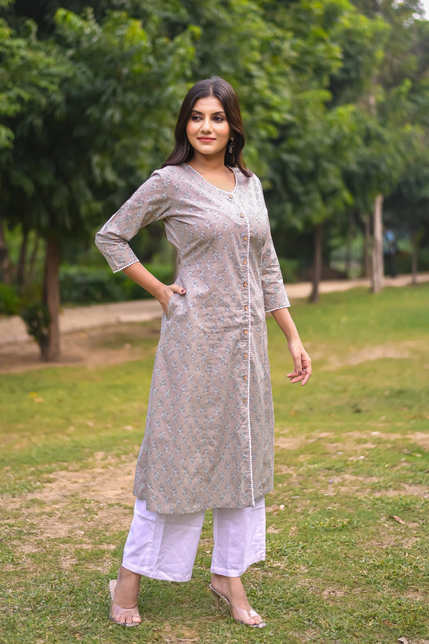 Pastel Grey Motif Printed A-Line Kurta with Pocket