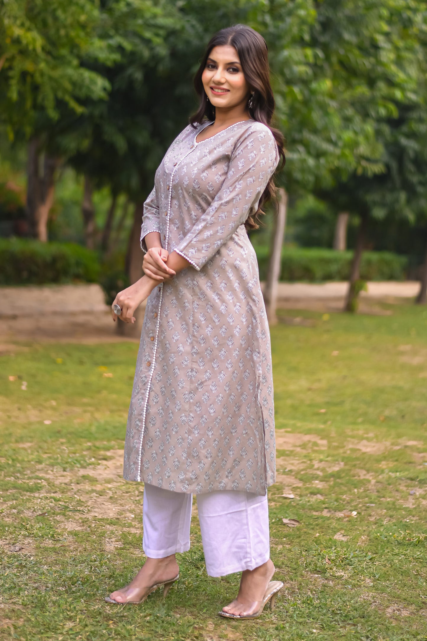 Pastel Grey Motif Printed A-Line Kurta with Pocket