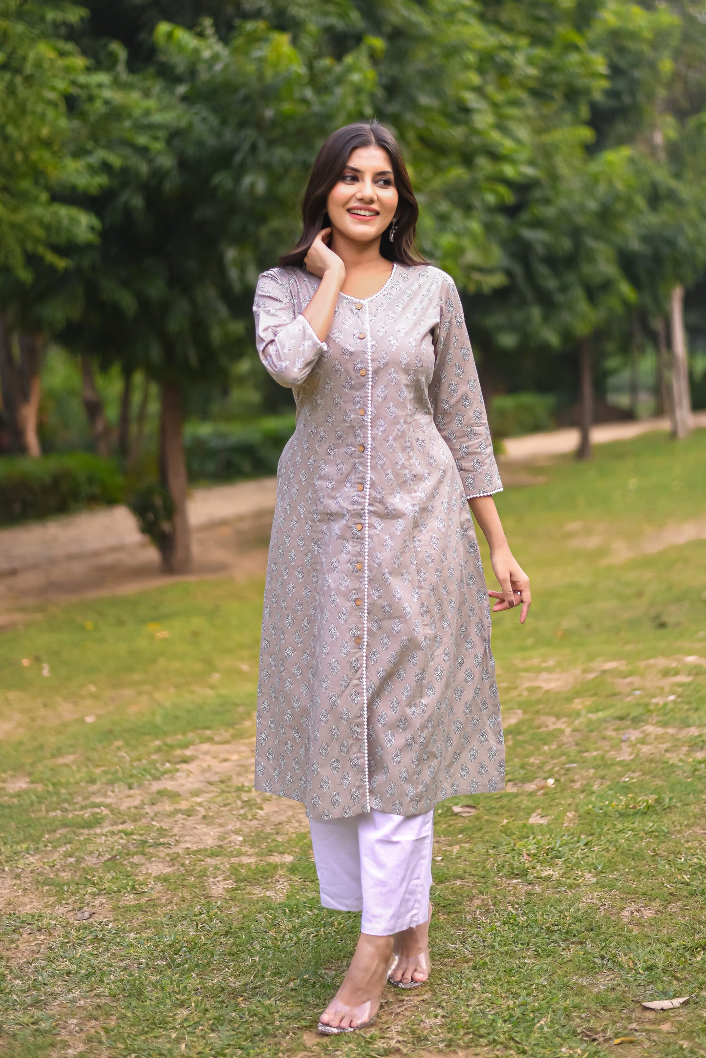 Pastel Grey Motif Printed A-Line Kurta with Pocket