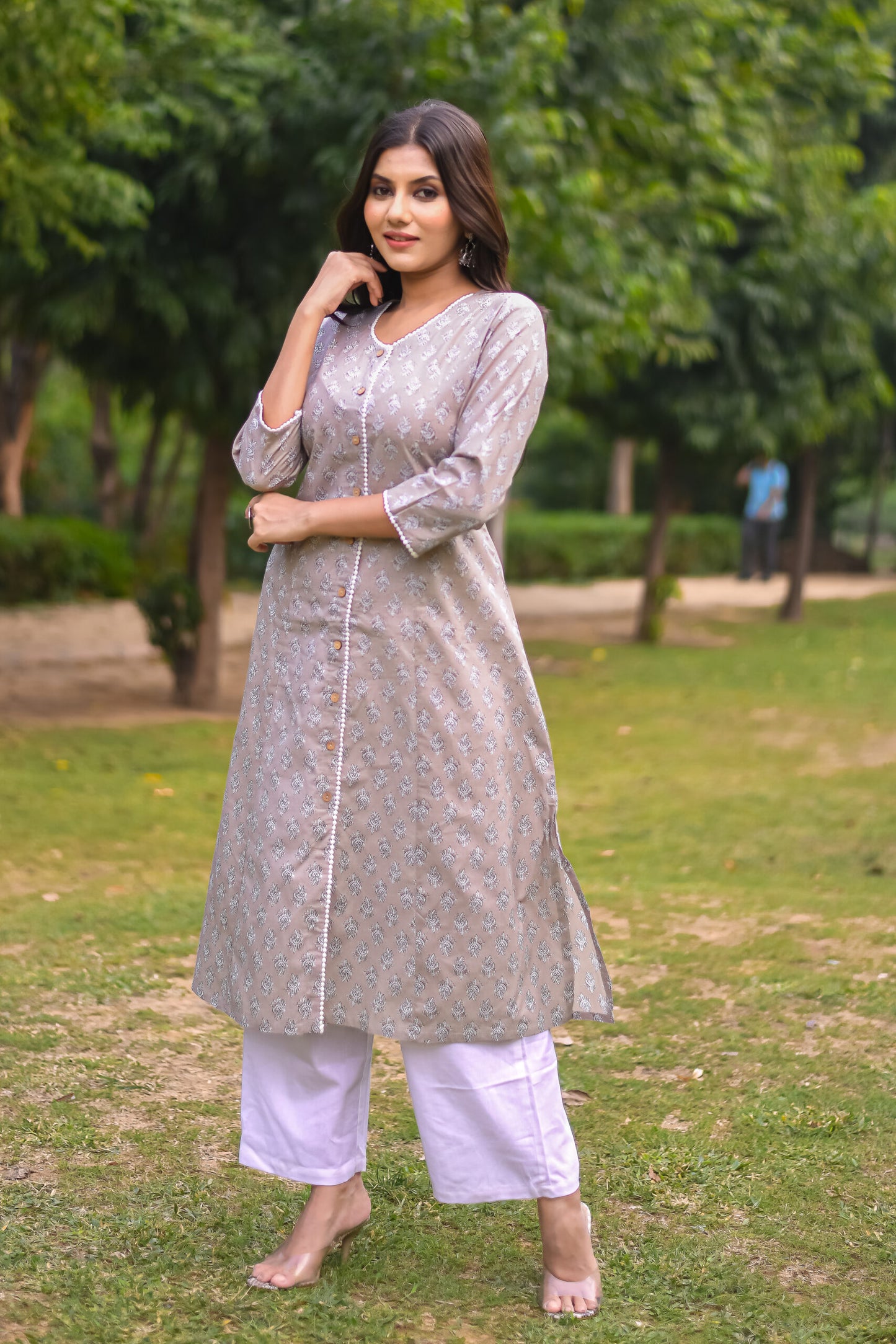 Pastel Grey Motif Printed A-Line Kurta with Pocket