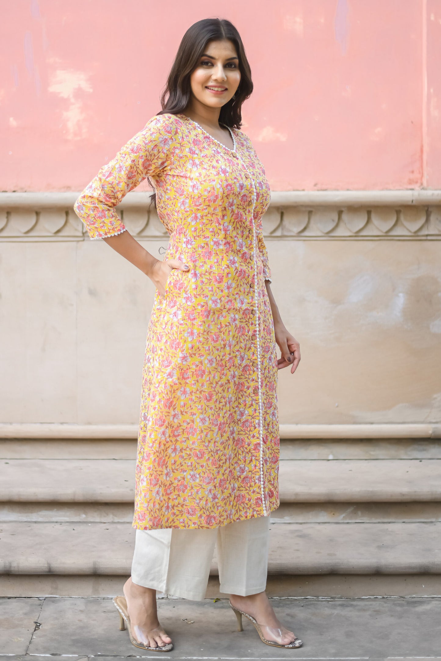 Pastel Yellow Floral Printed A-Line Kurta with Pocket