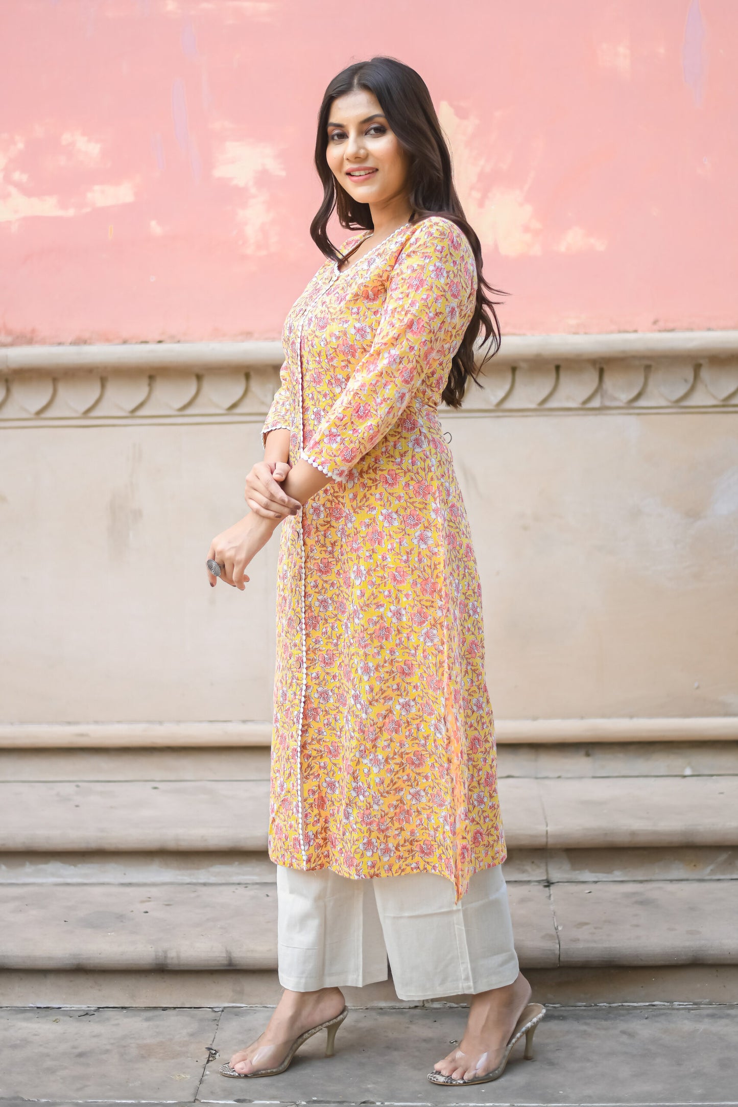 Pastel Yellow Floral Printed A-Line Kurta with Pocket