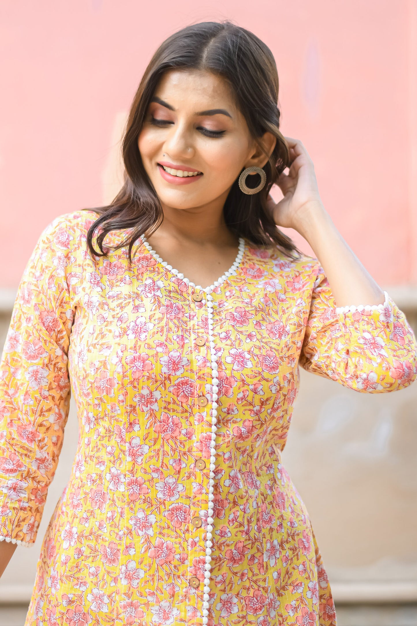 Pastel Yellow Floral Printed A-Line Kurta with Pocket