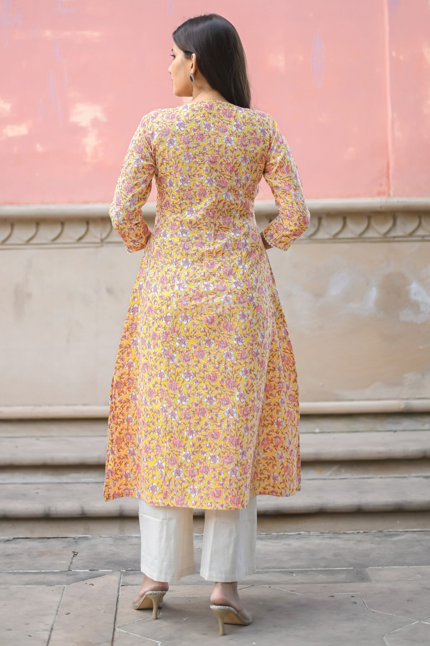 Pastel Yellow Floral Printed A-Line Kurta with Pocket