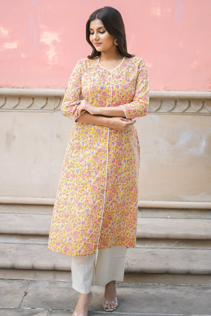 Pastel Yellow Floral Printed A-Line Kurta with Pocket