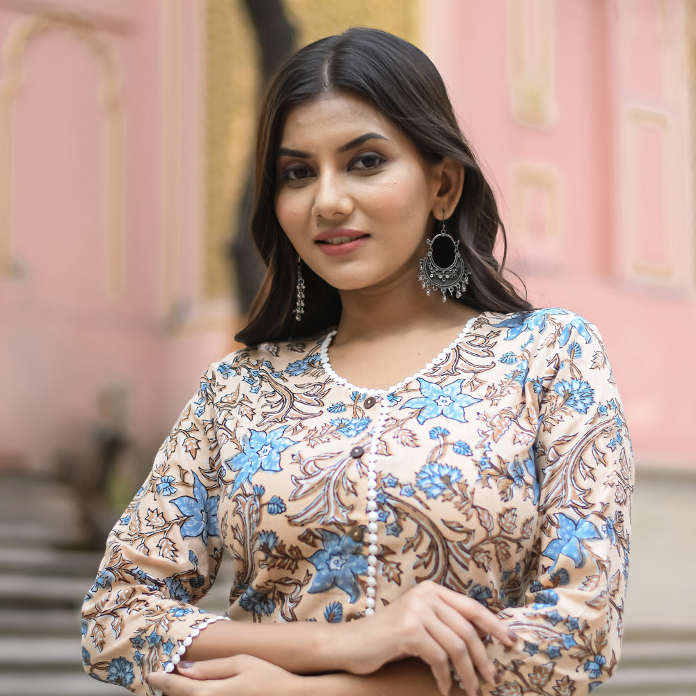 Peach Floral Vine Print A-Line Kurta