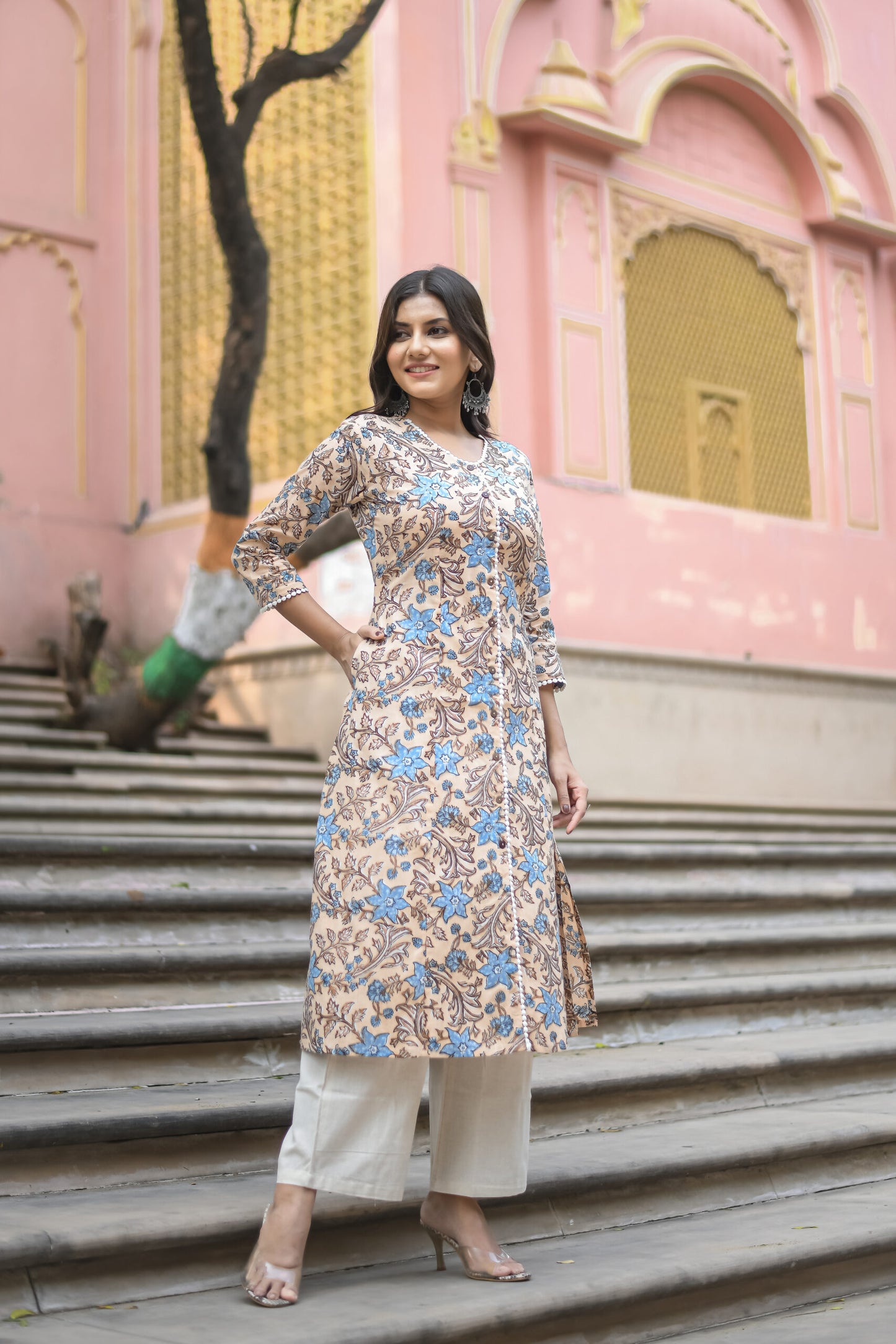 Peach Floral Vine Printed A-Line Kurta with Pocket