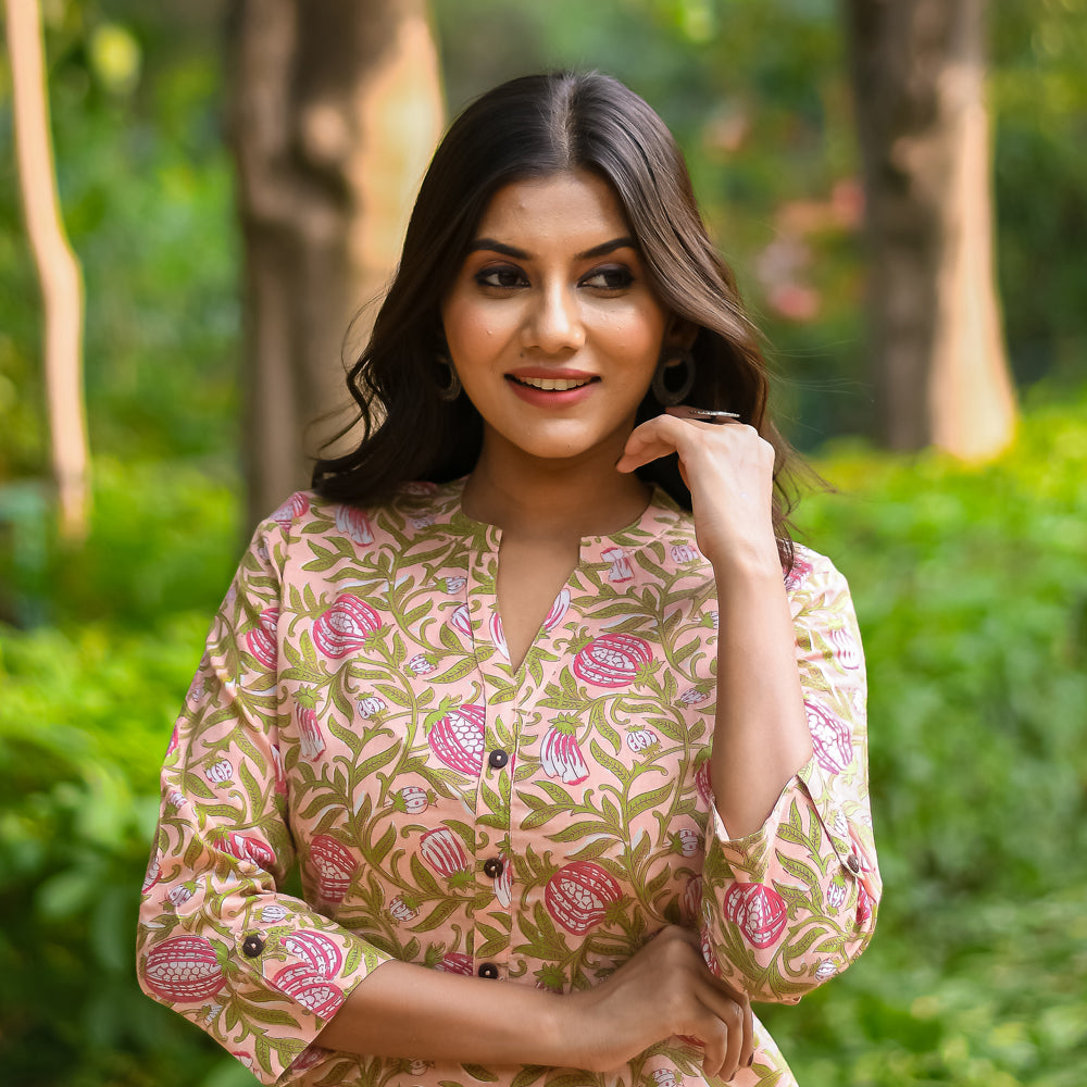 Peach Floral Vine Print Straight Cut kurta