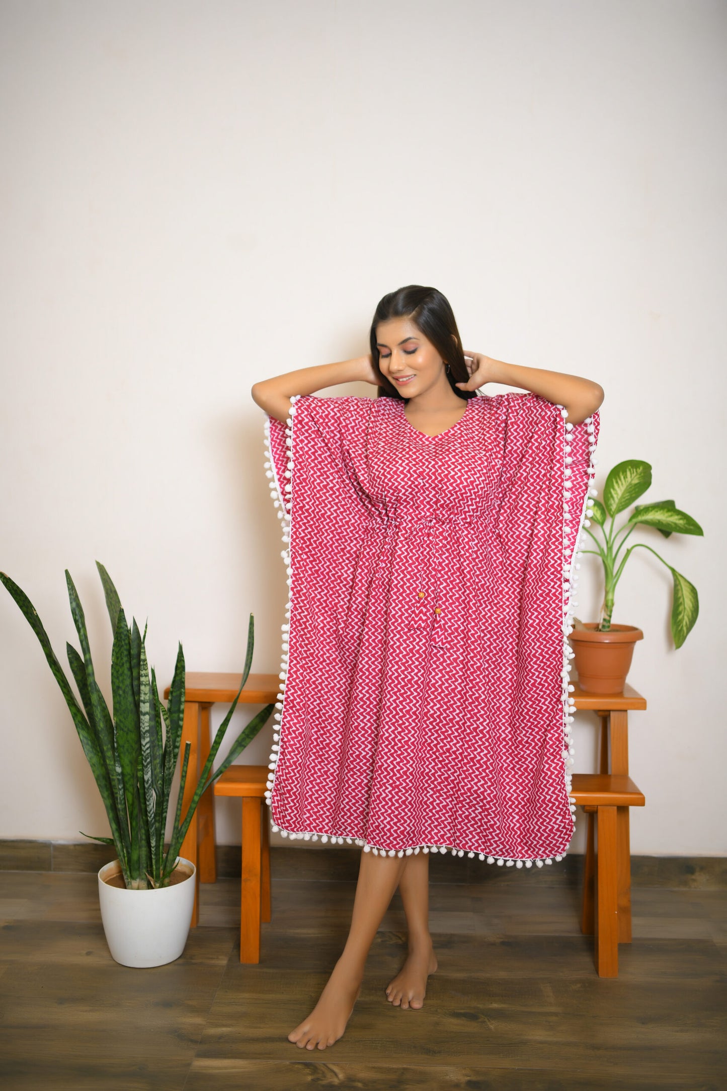 Pink & White Ajrakh Printed Short Kaftan with White Pom Pom Lace