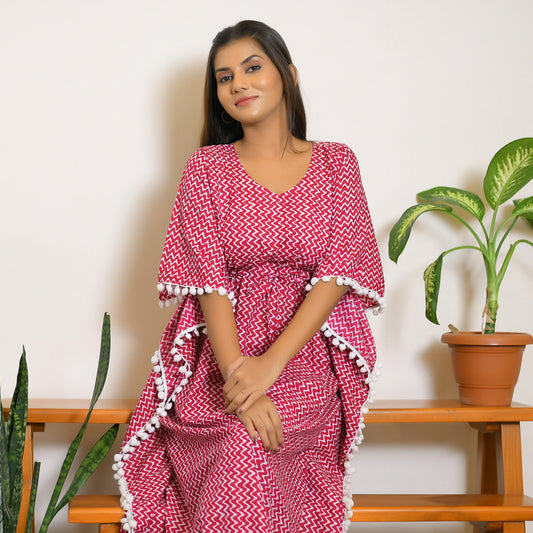 Pink & White Ajrakh Printed Short Kaftan with White Pom Pom Lace