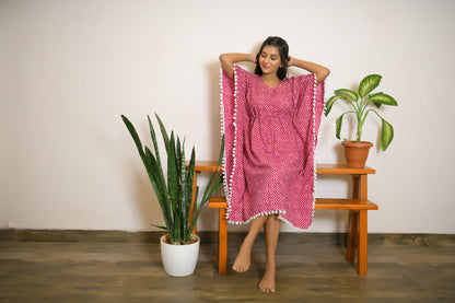 Pink & White Ajrakh Printed Short Kaftan with White Pom Pom Lace