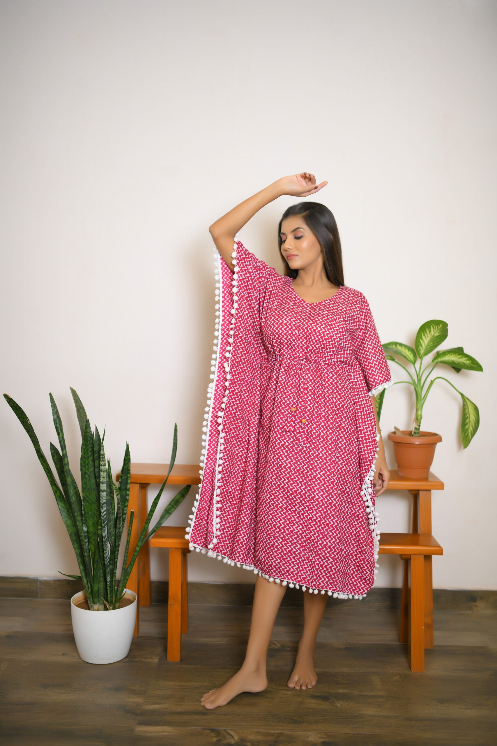 Pink & White Ajrakh Printed Short Kaftan with White Pom Pom Lace