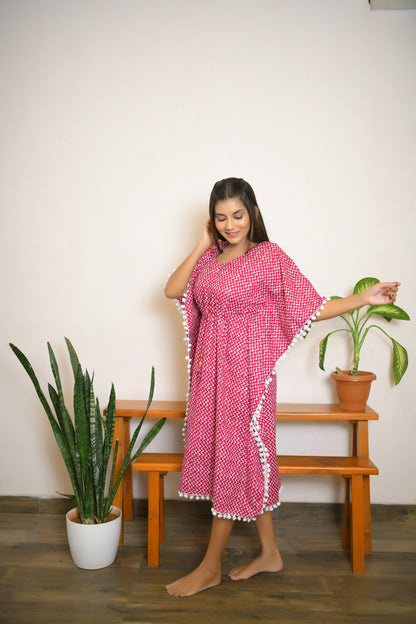 Pink & White Ajrakh Printed Short Kaftan with White Pom Pom Lace