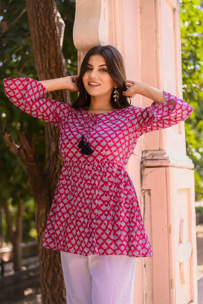 Pink and White Motif Print Tunic